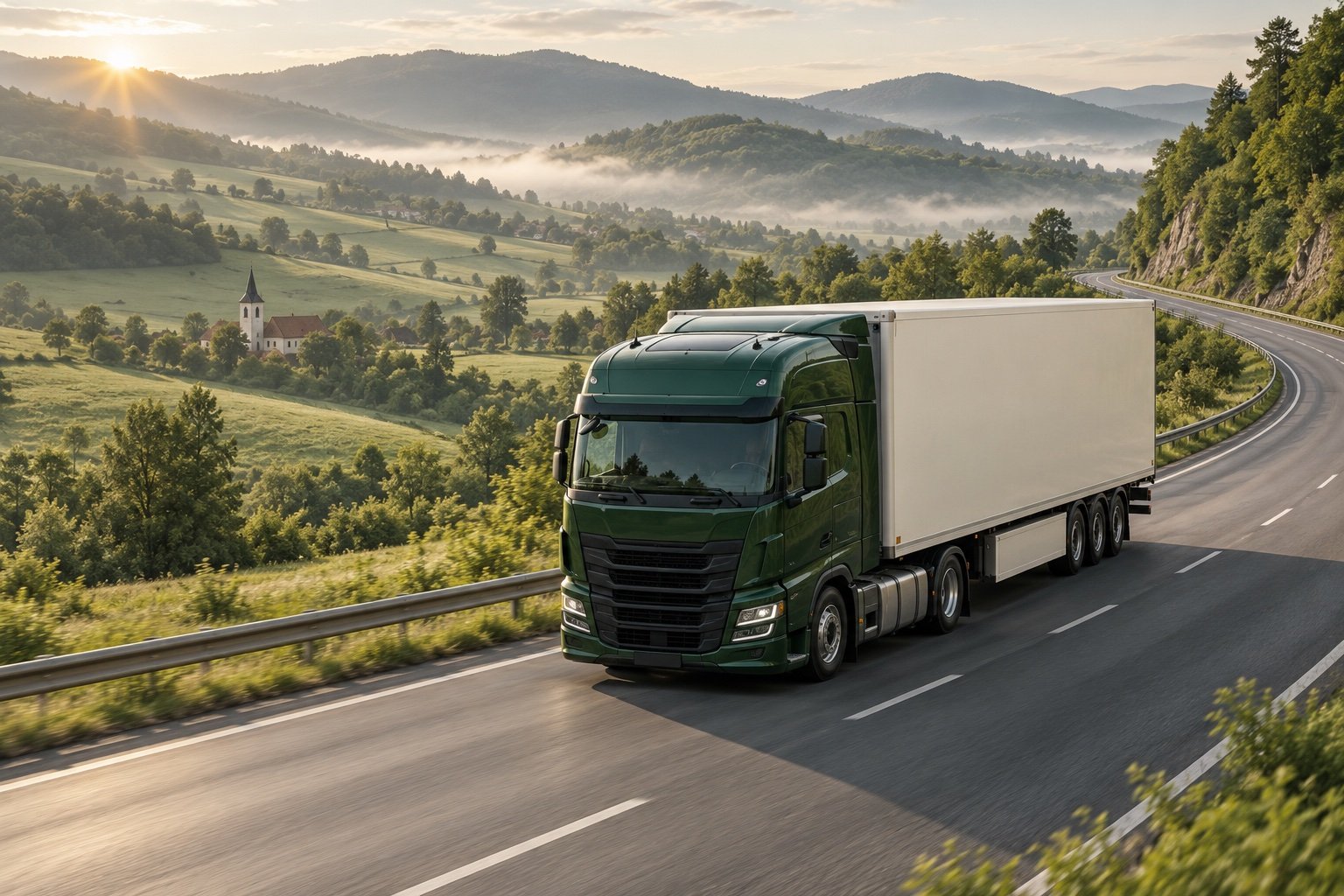 Concept image of a green long-haul truck travelling through rolling European countryside